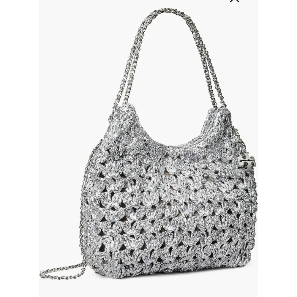 Tory Burch Fleming Metallic Woven Mini Hobo Bag Chain Crossbody SILVER New w/tag